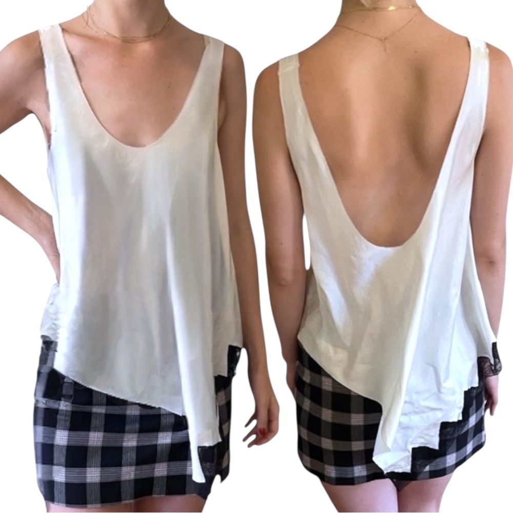 Alexander Wang White Silk Asymmetrical Backless Tank Top w/ Black Lace Trim S
